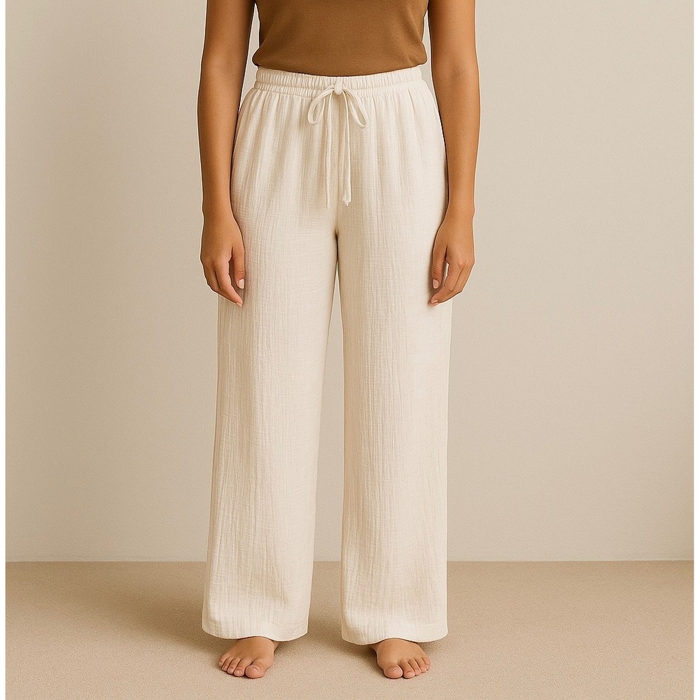 Wide Leg Lightweight Crinkled White Drawstring Pants Tropical Mooloola Size 10‎